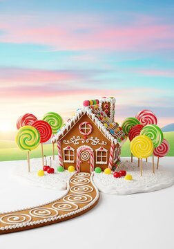Envision a magical land filled with ornate gingerbread cottages, swirling icing paths, and vibrant lollipop trees under a pastel sky, ornate, sweets, art