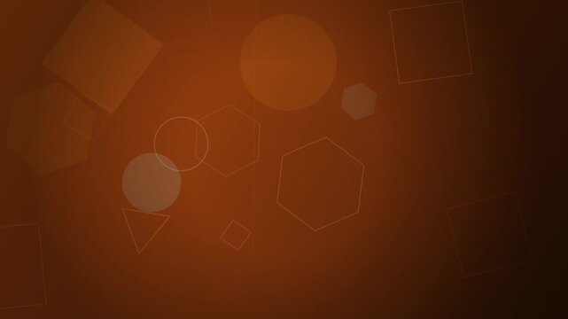 Abstract geometric shapes float across a warm brown background with soft glowing circles and translucent polygons creating depth.