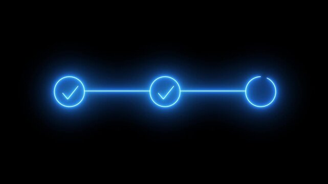 Glowing neon three step with check mark icon. infographic step by step process icon animation on black background, step process success with check marks. Step, by, Step 4k motion animation.