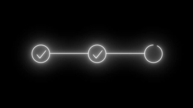 Glowing neon three step with check mark icon. infographic step by step process icon animation on black background, step process success with check marks. Step, by, Step 4k motion animation.