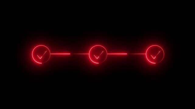 Glowing neon three step with check mark icon. infographic step by step process icon animation on black background, step process success with check marks. Step, by, Step 4k motion animation.