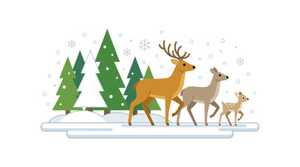 Naklejka premium Family of Deer Walking in a Snowy Winter Forest