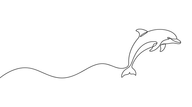 Minimalist dolphin jumping over a wave formed by a single continuous dashed line, aquatic marine life symbol for ocean conservation and nature