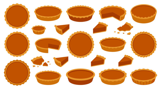 Set of pumpkin pies in various angles and slices, isolated collection of baked pastry dessert elements for holiday menu design, thanksgiving food