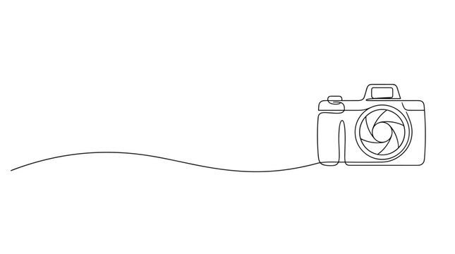 Minimalist continuous single line drawing of a digital camera, photography equipment, lens focus, shutter speed, capturing memories, artistic vector