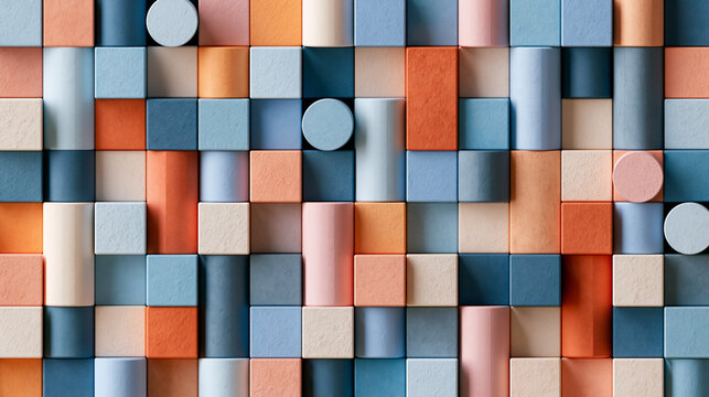 Colorful pastel geometric block background with cubes and cylinders