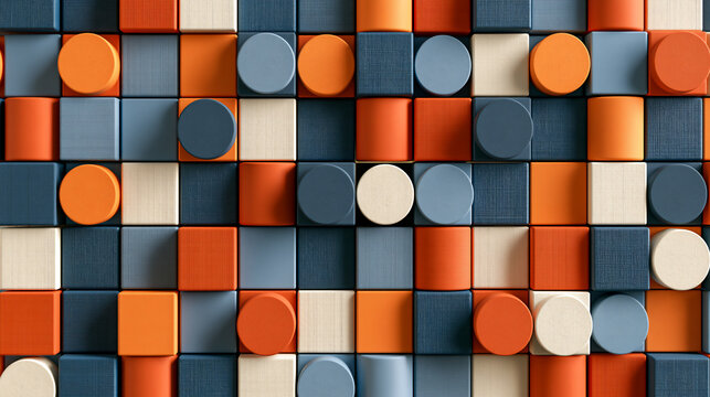 Abstract geometric block wall background in orange and blue tones