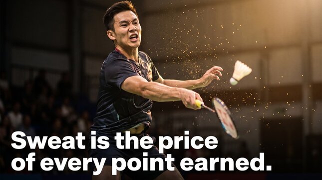Badminton player executing forehand shot during intense athletic competition