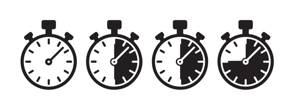 Chronometer timer flat vector icons showing elapsed time intervals for workout tracking.