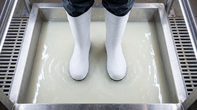 Food facility worker in white rubber boots, with sanitizing liquid bath, stepping on boot disinfection mat, at stainless steel hygiene station, industrial biosecurity photography