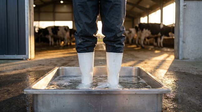 Dairy farmer in white rubber boots, standing in stainless steel disinfectant footbath, sanitizing footwear before entry, in cattle barn during golden hour, agricultural biosecurity photography
