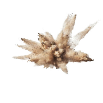 Dynamic burst of fine brown dust particles exploding in midair isolated on a transparent background explosion