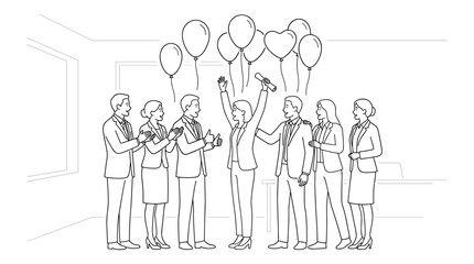 Obraz premium Group of people celebrating with balloons, standing together in line art style, joyous occasion, social gathering, event party, office team success