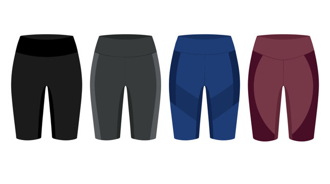 Set of four athletic shorts in varying colors for sportswear fashion design, fitness apparel mockup, gym wear
