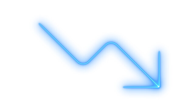 Glowing neon decreasing graph arrow icon isolated on transparent background. Financial decline. Market crash. Business loss. Downward trend chart