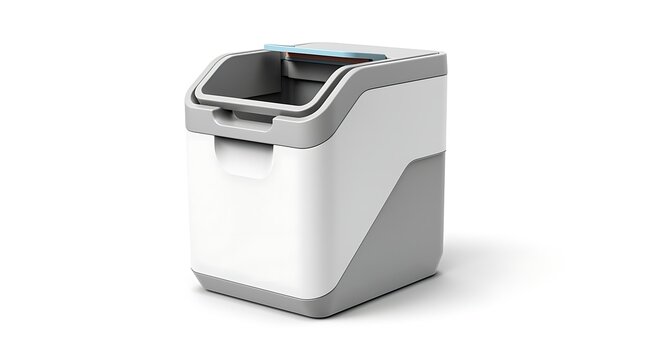 A modern white and grey plastic pet food storage container sits against a white background.