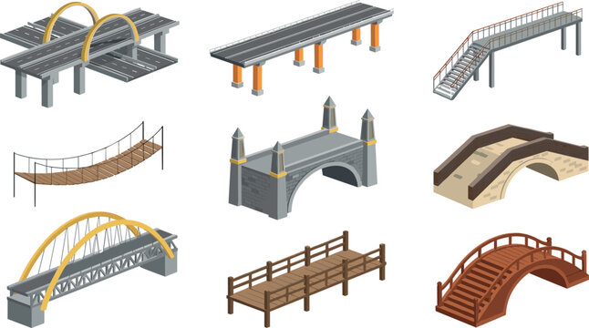 Isometric Bridge Vector Icon Set with Highway Overpasses Suspension Bridges Wooden Pathways and Stone Arches for Map Infographics and Urban Architecture Designs