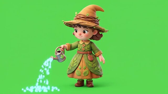 Cute 3d witch character watering plants for halloween animation
