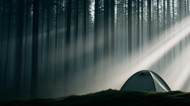 spring outdoor lifestyle, camping in green forest, morning mist, cinematic travel photography