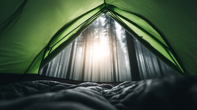 spring outdoor lifestyle, camping in green forest, morning mist, cinematic travel photography