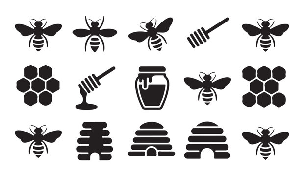 black honey and bee icon set collection for packaging and label design.
