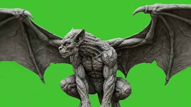 Halloween gargoyle creature with bat wings on green screen