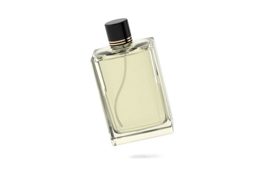 Clear glass perfume bottle with golden cap different angles set isolated on a transparent white background 3d rendering