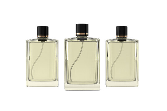 Clear glass perfume bottle with golden cap different angles set isolated on a transparent white background 3d rendering