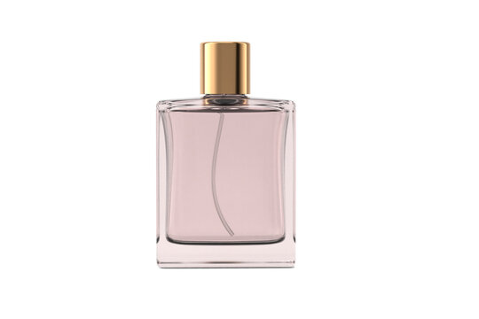 Clear glass perfume bottle with golden cap different angles set isolated on a transparent white background 3d rendering