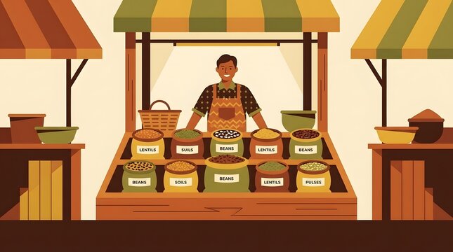 Illustration of Market Vendor Selling Lentils Beans and Pulses at a Stall with Colorful Canopies