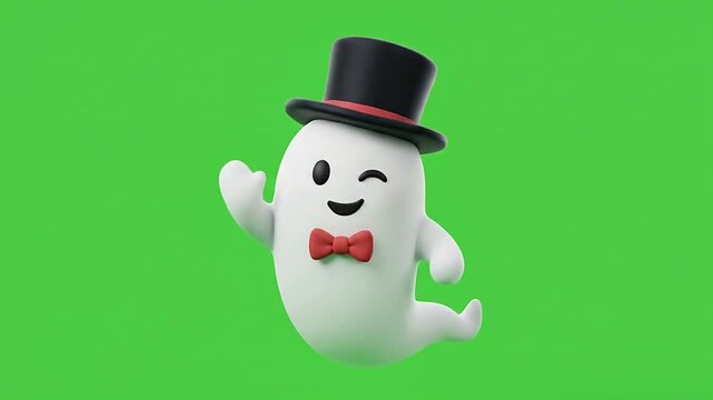 3d cute halloween ghosts wearing top hats on green screen