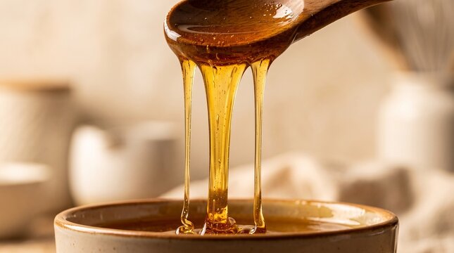 Golden syrup pouring from a wooden spoon into a ceramic bowl