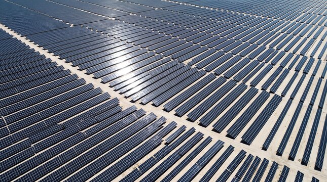 Solar panels arranged in rows stretch across a desert landscape