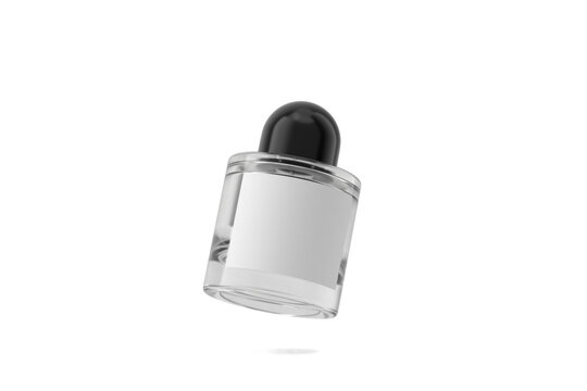 Round black cap premium clear Perfume Bottle with blank label different angles set isolated on a transparent white background 3d rendering