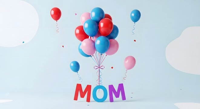 Happy mothers day celebration with colorful balloons and mom sign