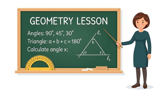 Female teacher explaining geometry lesson with triangle math on chalkboard