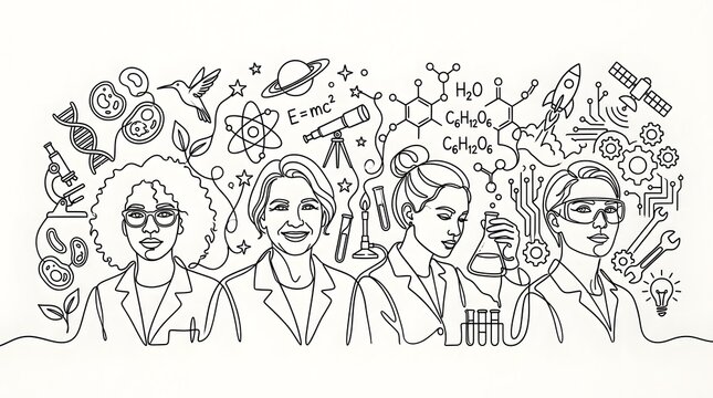 Scientific Female Researchers in Laboratory with Chemical and Biological Symbols Illustration