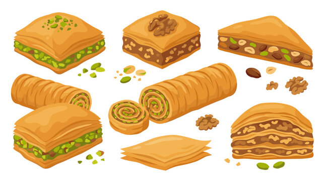 Set of traditional baklava sweets with pistachio and walnut, layered honey pastry elements, Mediterranean dessert pastry collection for menu design