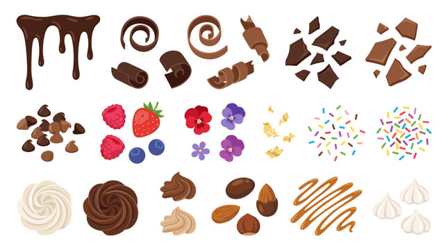 Set of baking ingredients, chocolate drips, berry toppings, sprinkles, nuts, cream swirls, confectionery elements for cakes, desserts decoration