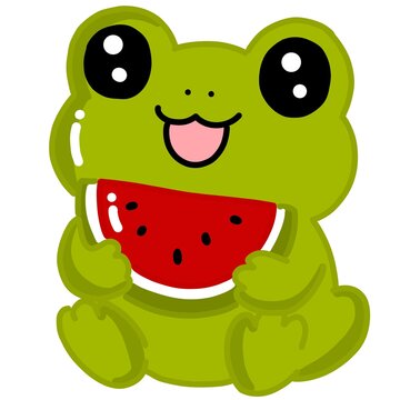 Cute Green Frog Eating a Slice of Watermelon