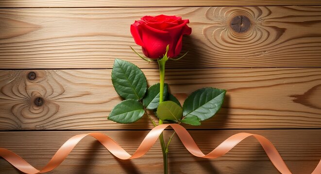 Beautiful red rose for mothers day with ribbon on wooden background