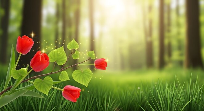 Happy mothers day with beautiful tulips in blooming forest on sunny day
