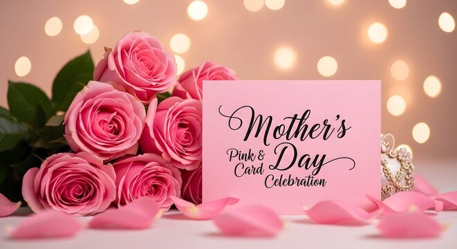Happy mothers day celebration with beautiful pink roses and card
