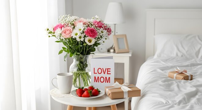 Beautiful mothers day decoration with flowers and gifts