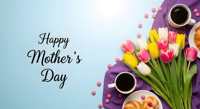 Happy mothers day celebration with flowers and coffee