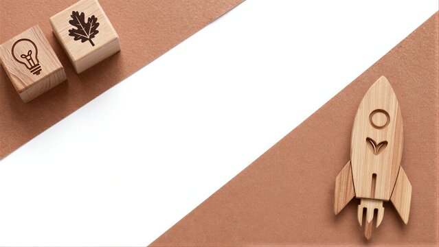 Wooden stamps and rocket symbolize innovation, growth, and startup ideas on a minimalist background.