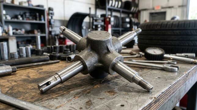 Automotive Universal Joint and Tools on Workbench in Garage