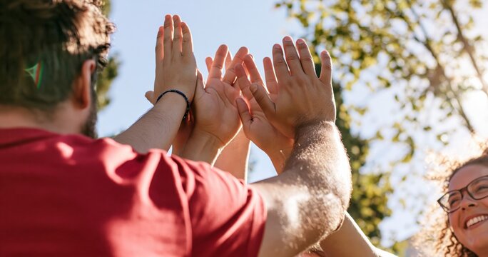 Hands of diverse friends joining together for teamwork support and high five unity