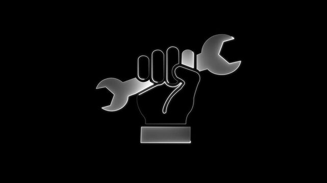 Neon glow hand holding wrench neon sign. 1st may, Labor Day neon sign board 4k motion animation