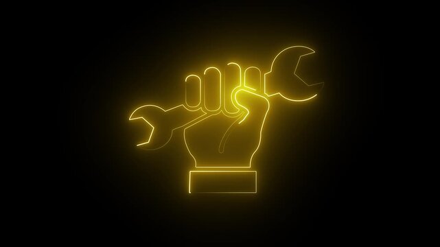 Neon glow hand holding wrench neon sign. 1st may, Labor Day neon sign board 4k motion animation